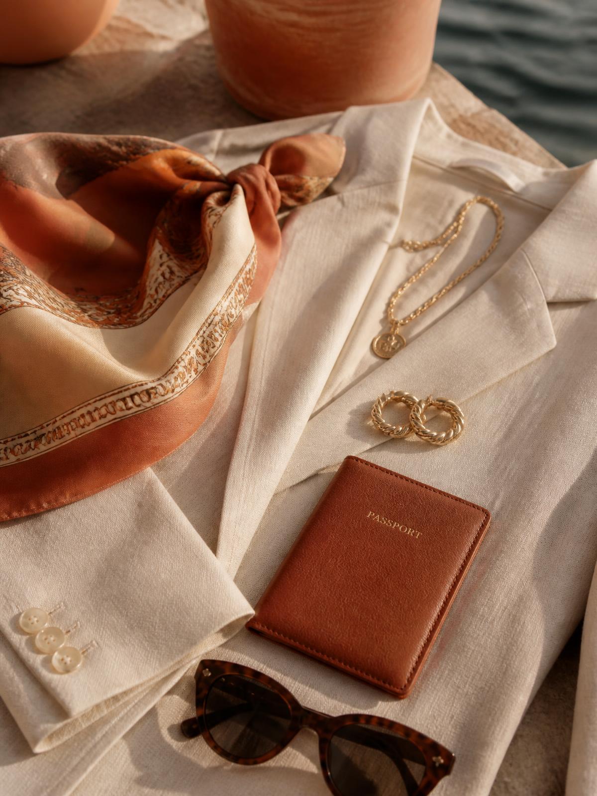 Luxury travel essentials including a linen blazer, silk scarf, gold jewelry, and leather passport holder