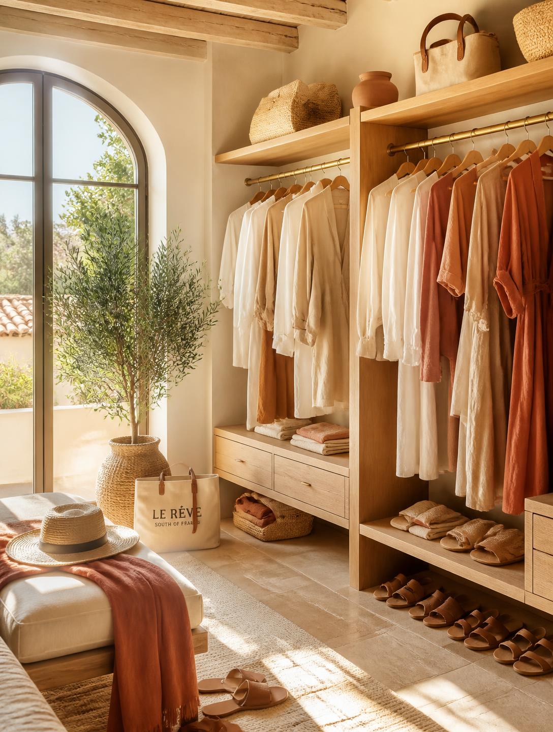 A sunlit luxury closet in a South of France villa with organic linen and cotton fabrics, woven baskets, and leather sandals