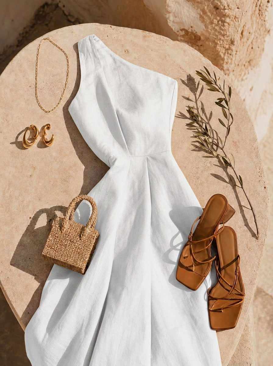 A Jacquemus-inspired modern event look with a white one-shoulder linen dress, woven micro bag, strappy leather sandals, and sculptural gold jewelry on a sun-bleached stone table