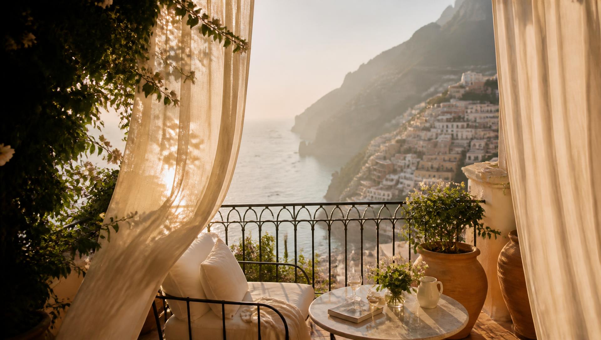 Sun-drenched balcony overlooking the Amalfi Coast