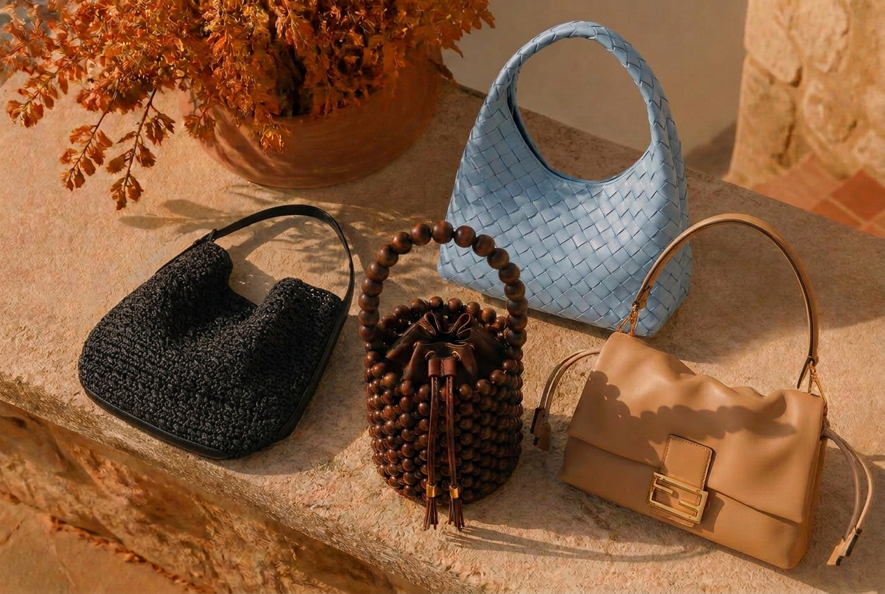 Fall bag flatlay with a black raffia hobo bag with leather trim, dark brown wooden beaded bucket bag, light blue woven leather hobo bag, and beige structured flap handbag with gold hardware on a stone terrace