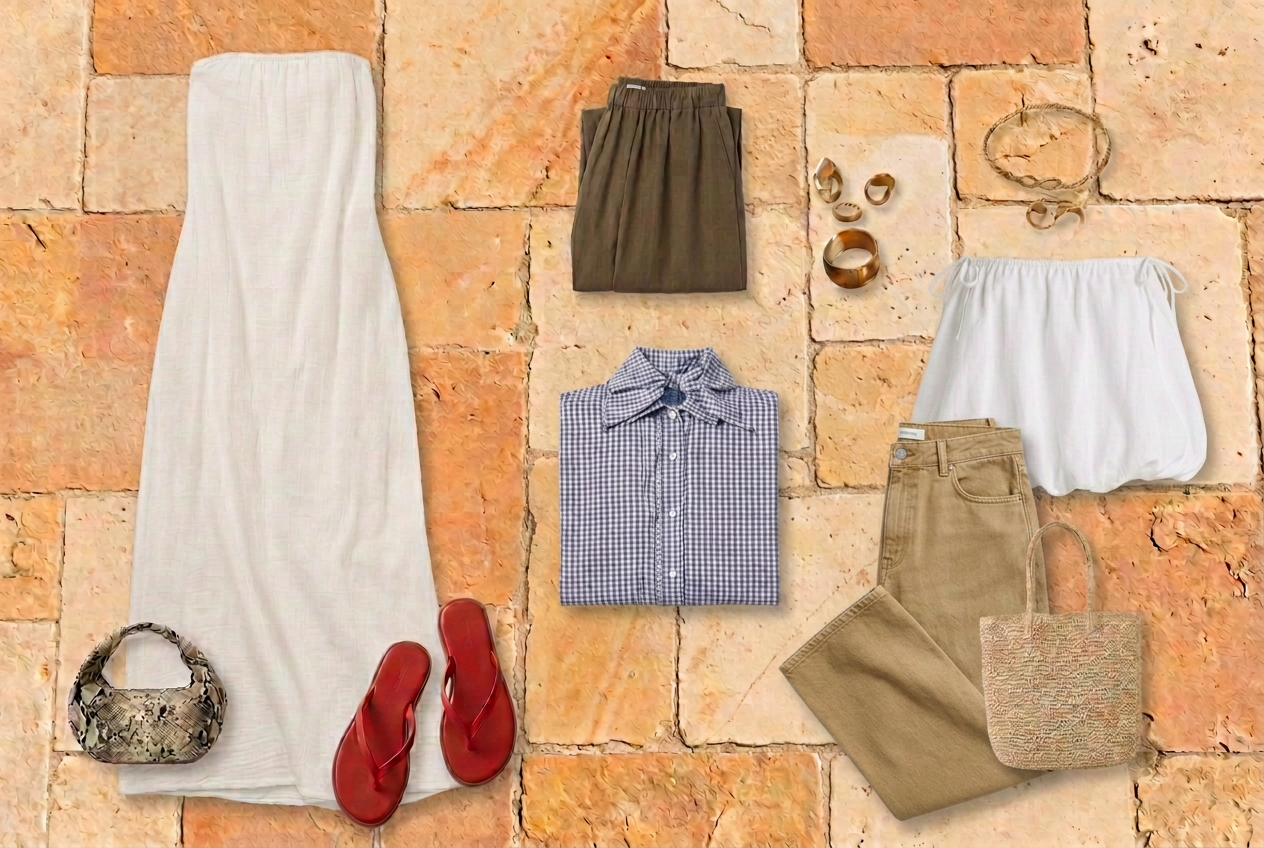 Streamlined fall fashion flatlay on a warm Mediterranean stone terrace with a white strapless maxi dress, olive balloon shorts, a blue gingham button-down shirt, a white strapless balloon-hem top with shoulder ties, khaki wide-leg denim jeans, gold jewelry, a snakeskin bag, a woven tote, and red flat sandals