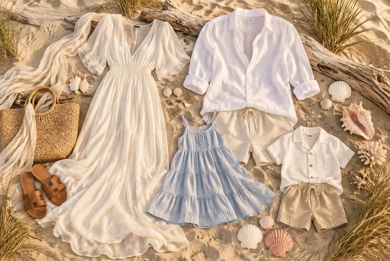 Modern ethereal family beach photoshoot styling flatlay on sun-bleached sand and driftwood with an ivory flutter-sleeve maxi dress, white linen shirt over cream shorts, pale blue tiered sundress, white camp shirt and sandy shorts, woven tote, leather sandals, and scattered seashells