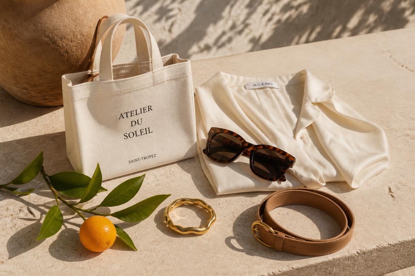 Luxury boutique shopping flatlay on a warm stone terrace with a cream canvas tote, folded ivory silk blouse, tortoiseshell sunglasses, gold bracelet, tan leather belt, and fresh citrus