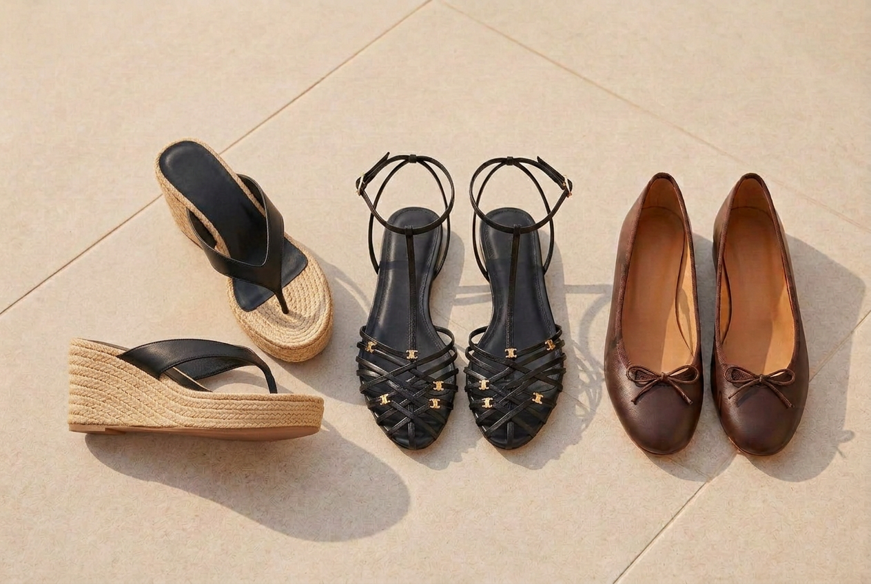 Fall shoe flatlay on pale stone with raffia wedge thong sandals with black leather straps, black flat cage sandals with gold hardware, and Repetto dark brown almond-toe ballet flats