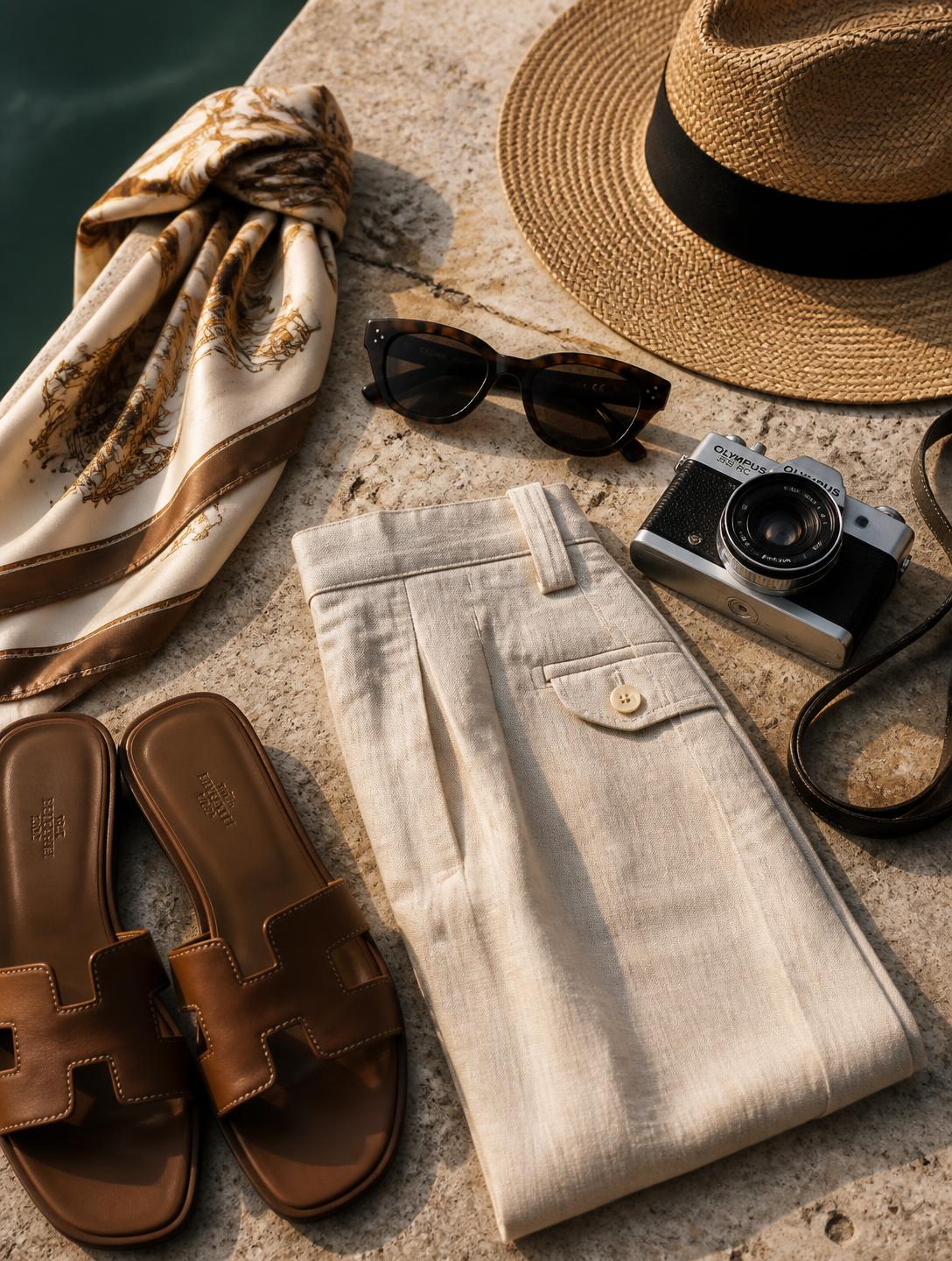 Luxury vacation essentials including silk scarf, designer sunglasses, and linen trousers